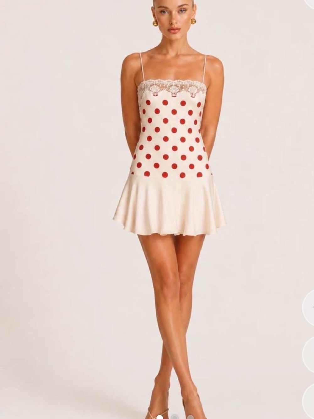 Cream Mini Dress with Red Polka Dots and Lace Trim